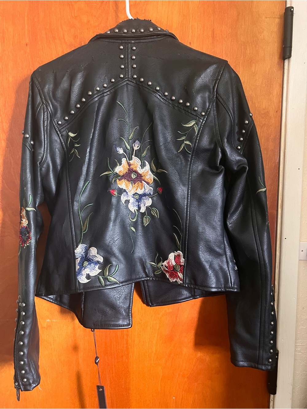 Blank NYC Black Faux Leather Jacket with Multicolor Floral Embroidery - Picture 1 of 9